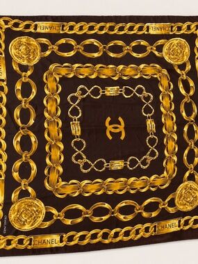 Authentic Vintage Chanel Silk Scarf, Circa 1990 – Gold Chain & Rue Cambon Print